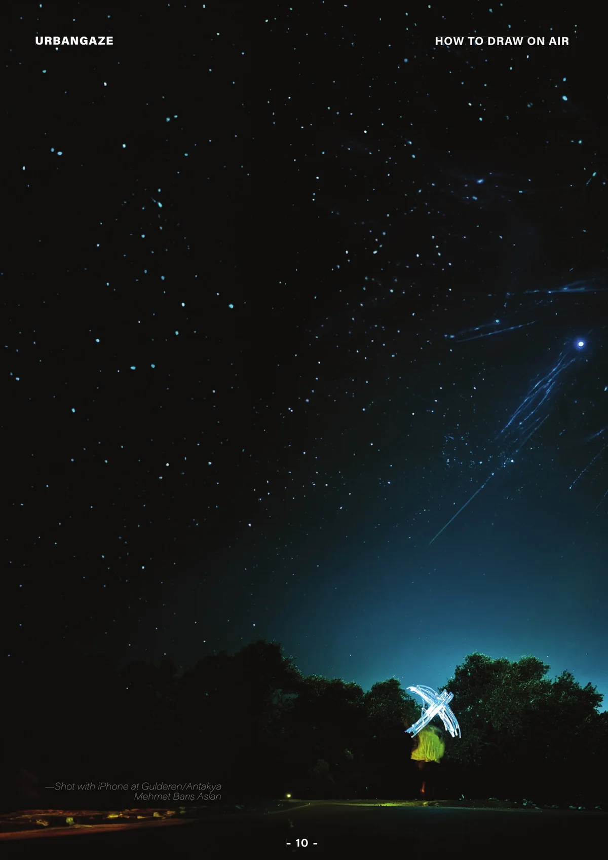 Long-exposure light painting camera study under a star-filled night sky